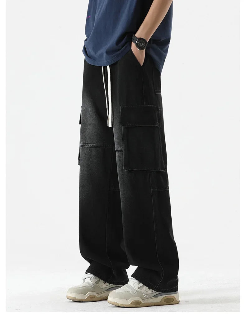 Baggy Cargo Denim Pants With Drawstring