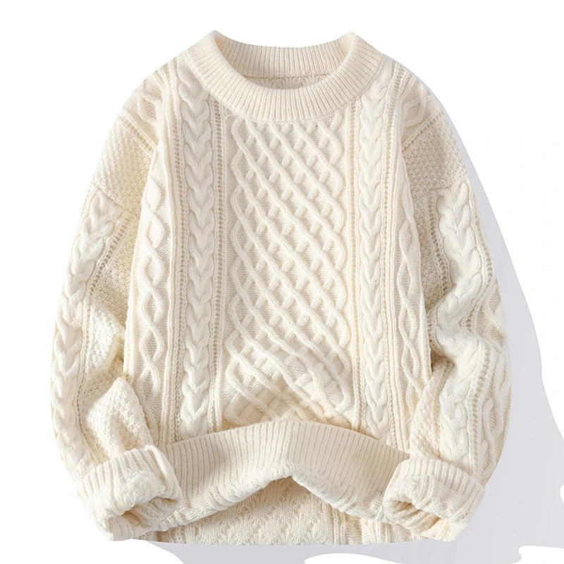 Men's Cable Knit Jumper with Crew Neck and Ribbed Trims