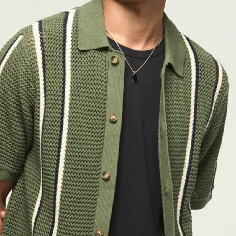 Stripe Knit Button Polo Shirt Men