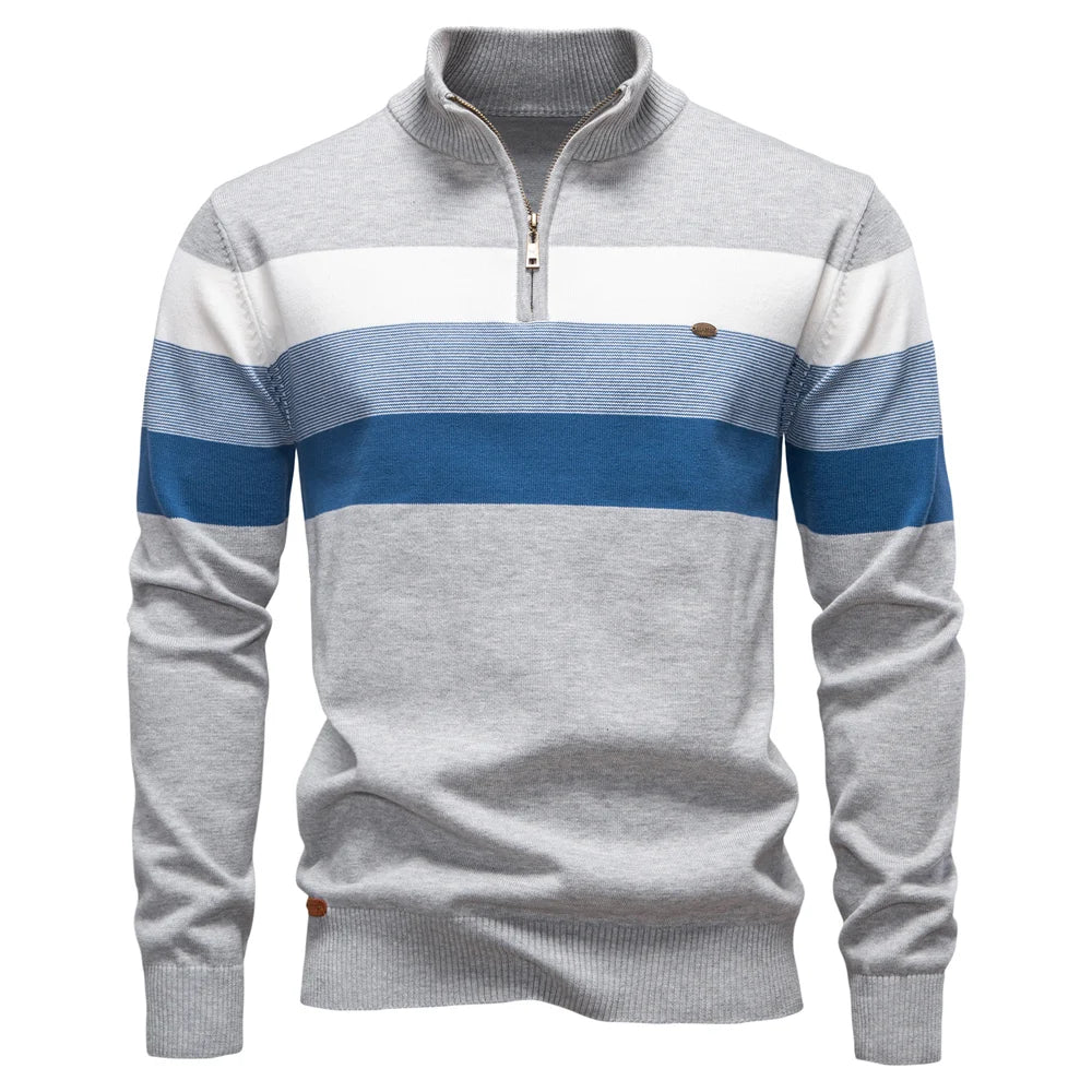 Men's Striped Quarter Zip Pullover Sweater with Ribbed Trim