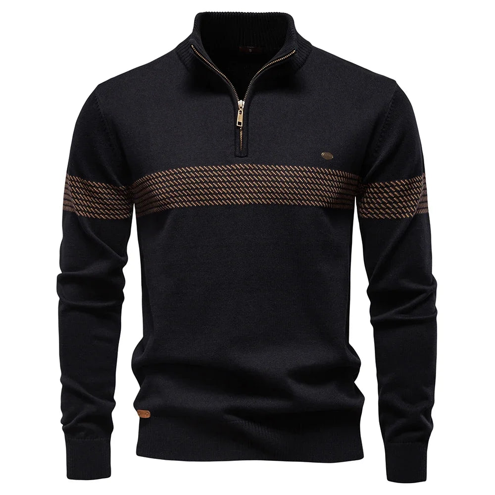 Men's Knitted Quarter Zip Jumper – Long Sleeve High Neck Striped Sweater