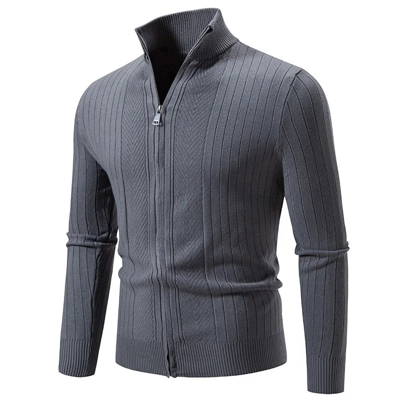 Men's Knitted Quarter Zip Jumper – Long Sleeve Ribbed Sweater with Stand Collar