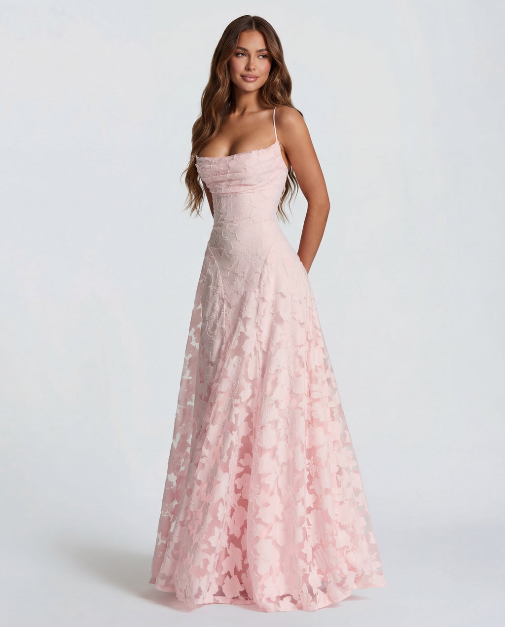 Women's Long Floral Dress with Straight Neckline and Wide Hem