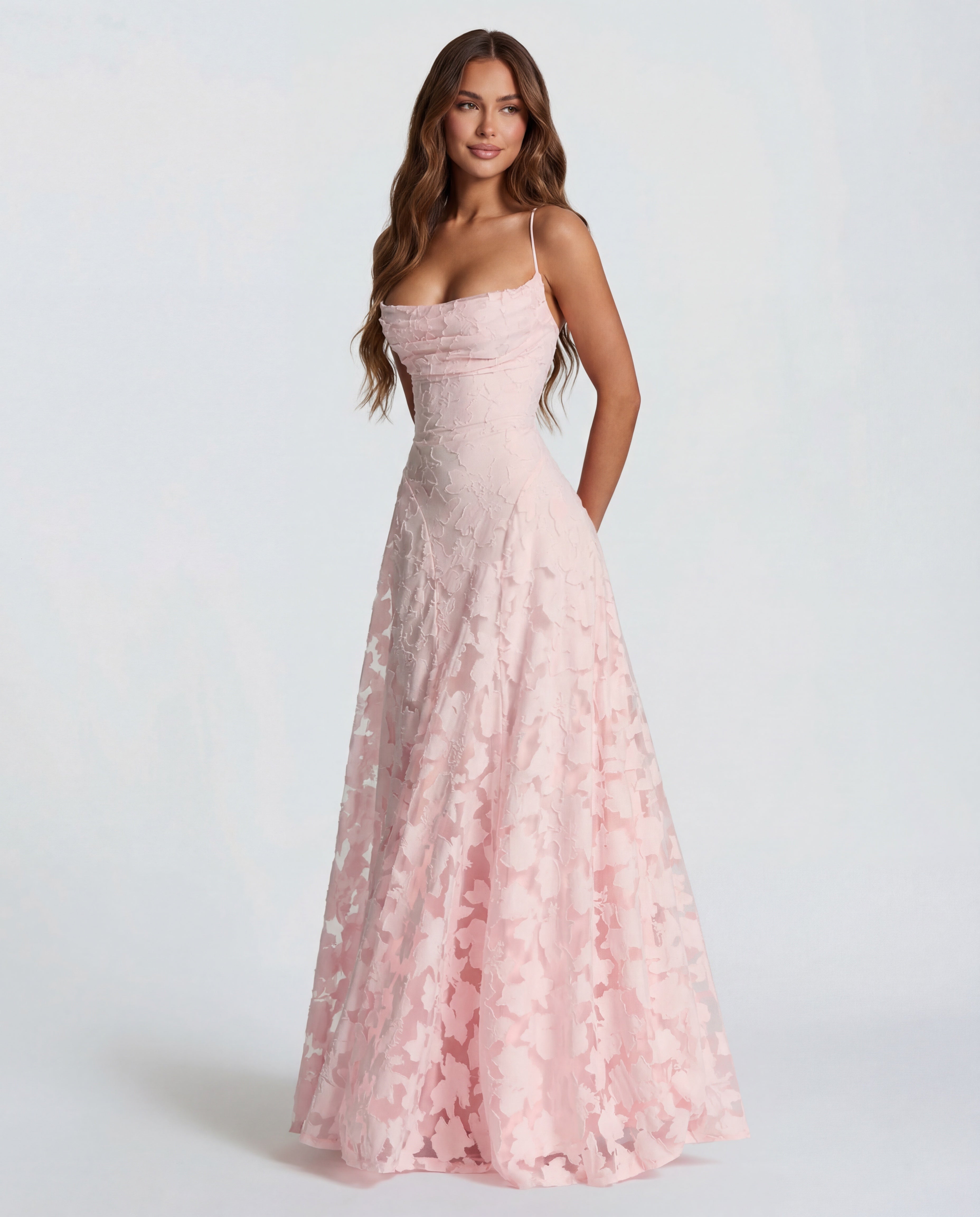 Women's Long Floral Dress with Straight Neckline and Wide Hem