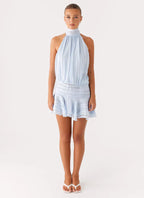 Draped Halter Mini Dress With Ruffle Hem