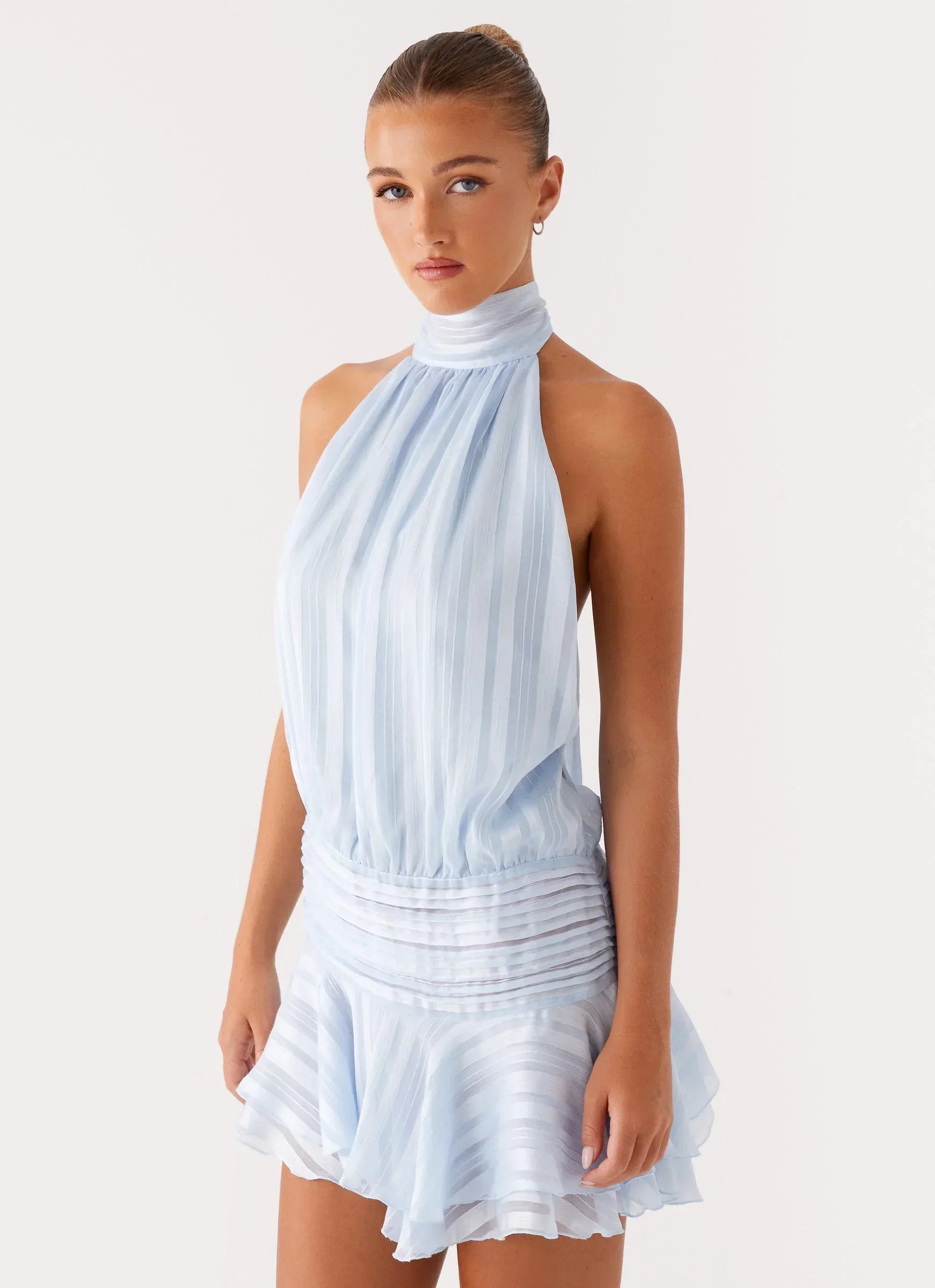 Draped Halter Mini Dress With Ruffle Hem