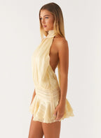 Draped Halter Mini Dress With Ruffle Hem