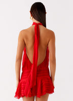 Draped Halter Mini Dress With Ruffle Hem