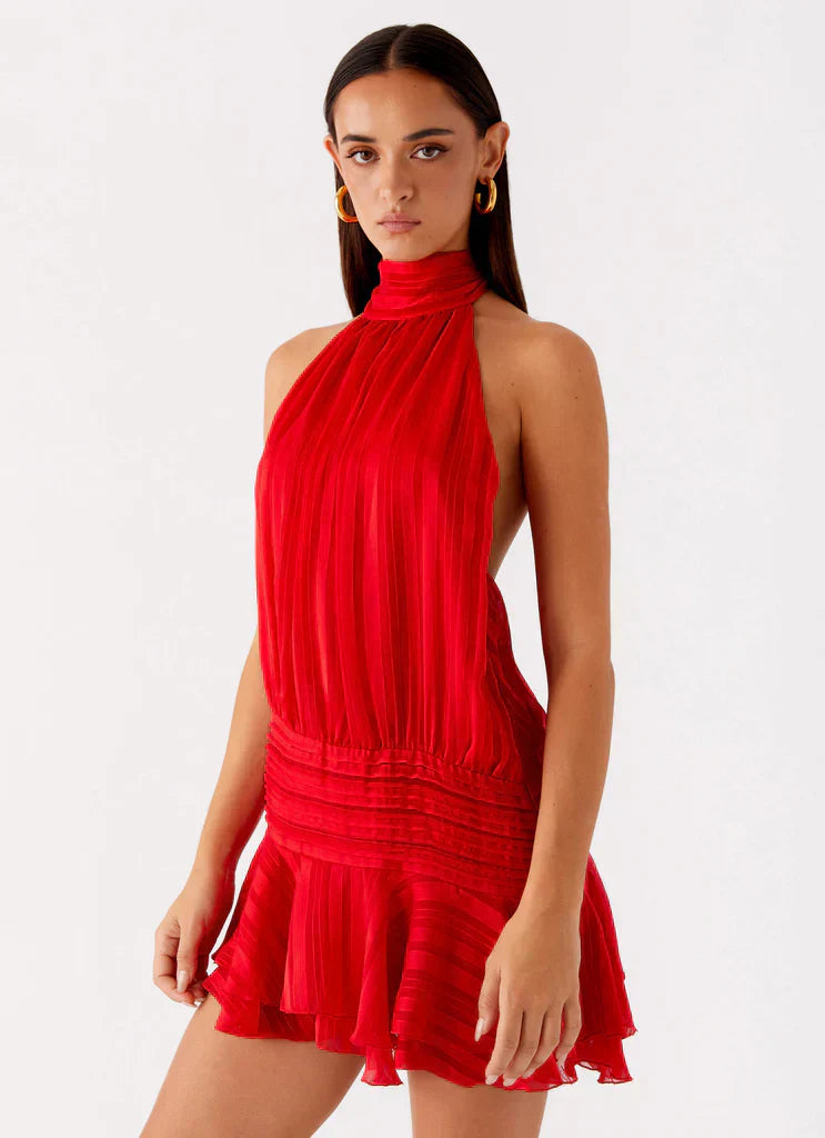 Draped Halter Mini Dress With Ruffle Hem