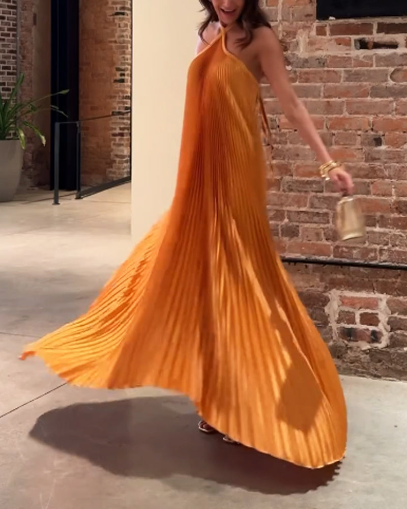 Women's Pleated Halter Maxi Dress with Sleeveless A Line Fit