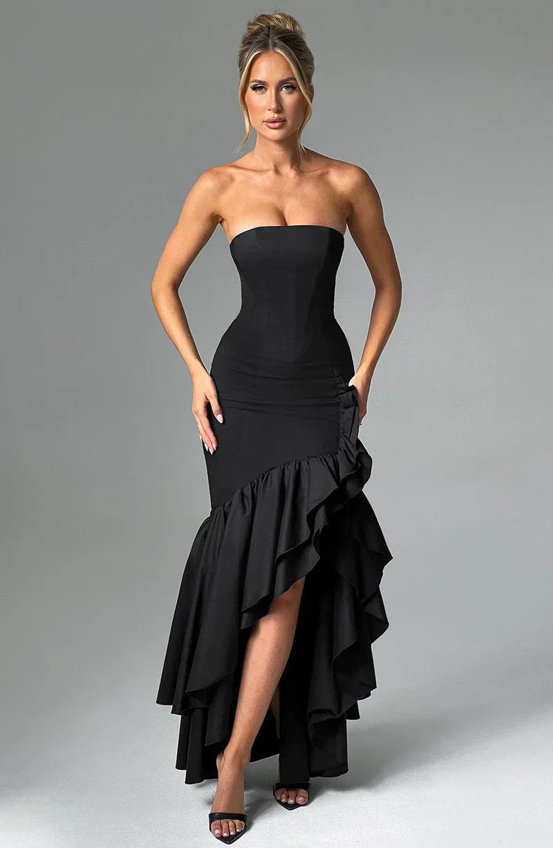 Women's Strapless Mermaid Maxi Dress with Cascading Ruffle Hem
