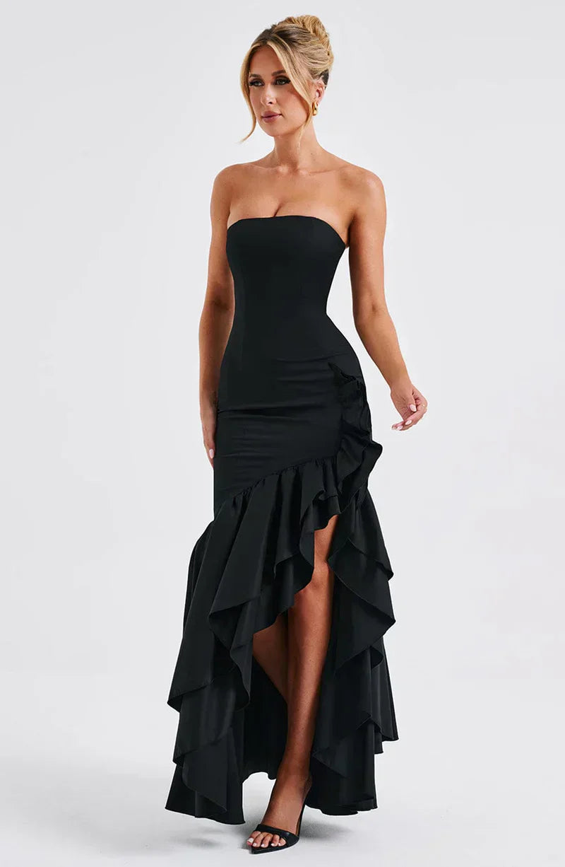 Women's Strapless Mermaid Maxi Dress with Cascading Ruffle Hem