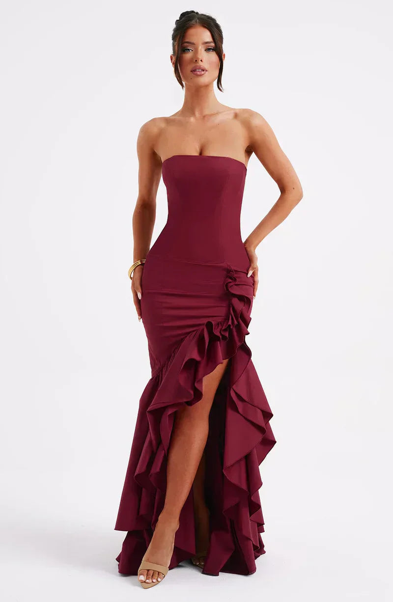 Women's Strapless Mermaid Maxi Dress with Cascading Ruffle Hem