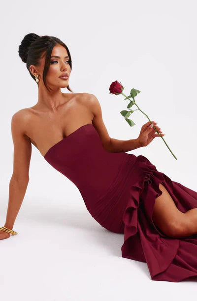 Women's Strapless Mermaid Maxi Dress with Cascading Ruffle Hem