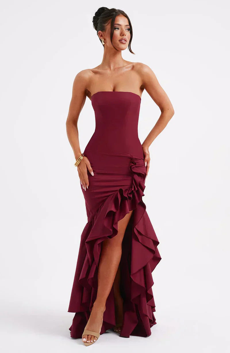 Women's Strapless Mermaid Maxi Dress with Cascading Ruffle Hem