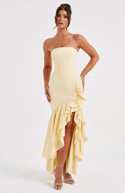 Women's Strapless Mermaid Maxi Dress with Cascading Ruffle Hem