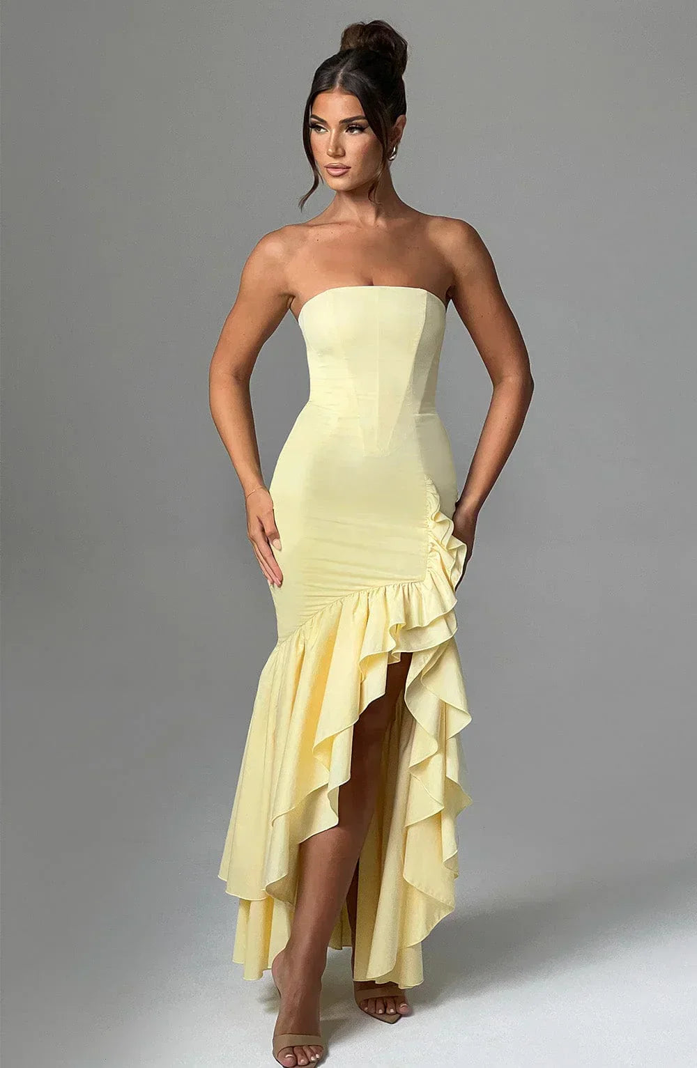 Women's Strapless Mermaid Maxi Dress with Cascading Ruffle Hem