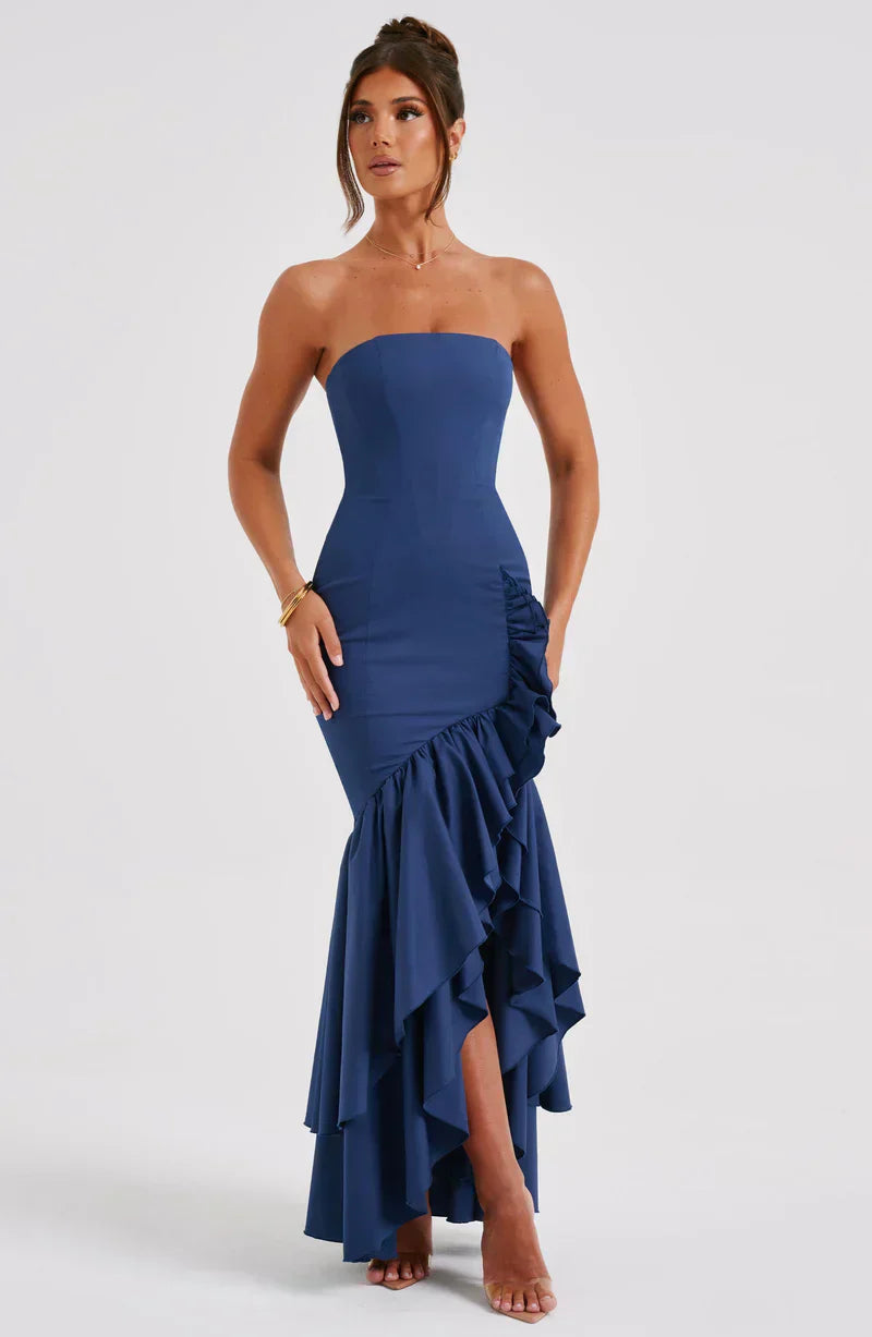 Women's Strapless Mermaid Maxi Dress with Cascading Ruffle Hem