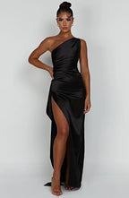 Women's Sleeveless One Shoulder Long Dress with Draped Waist