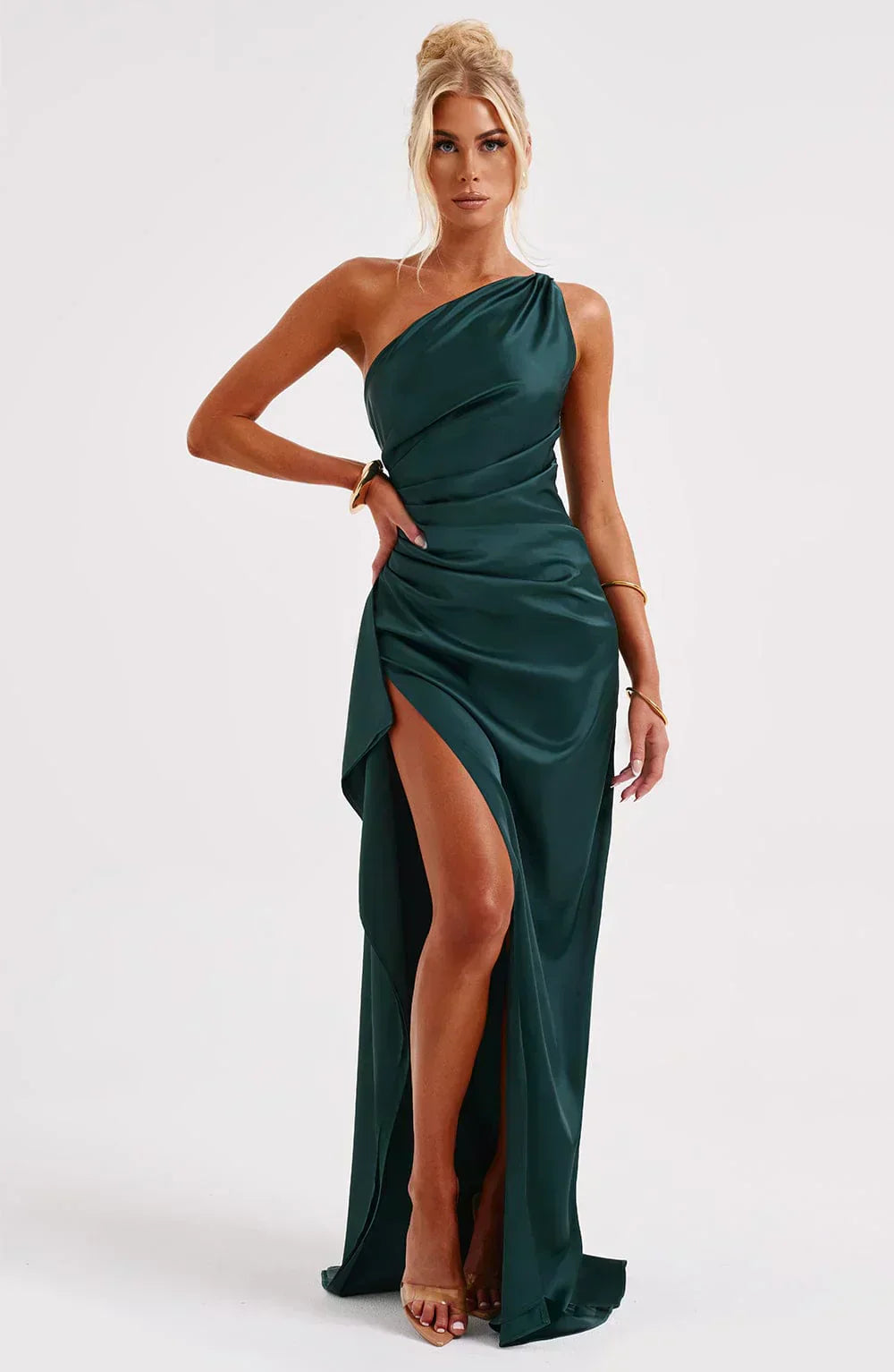 Women's Sleeveless One Shoulder Long Dress with Draped Waist