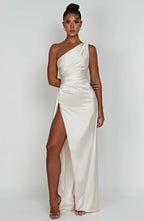 Women's Sleeveless One Shoulder Long Dress with Draped Waist