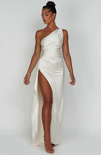 Women's Sleeveless One Shoulder Long Dress with Draped Waist