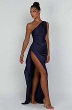 Women's Sleeveless One Shoulder Long Dress with Draped Waist