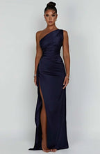 Women's Sleeveless One Shoulder Long Dress with Draped Waist