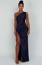Women's Sleeveless One Shoulder Long Dress with Draped Waist