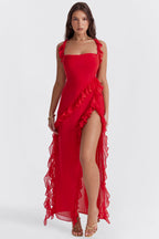 Women's Sleeveless Ruffle Maxi Dress with Side Split Detail