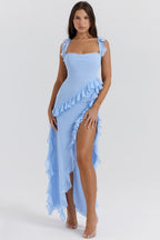 Women's Sleeveless Ruffle Maxi Dress with Side Split Detail