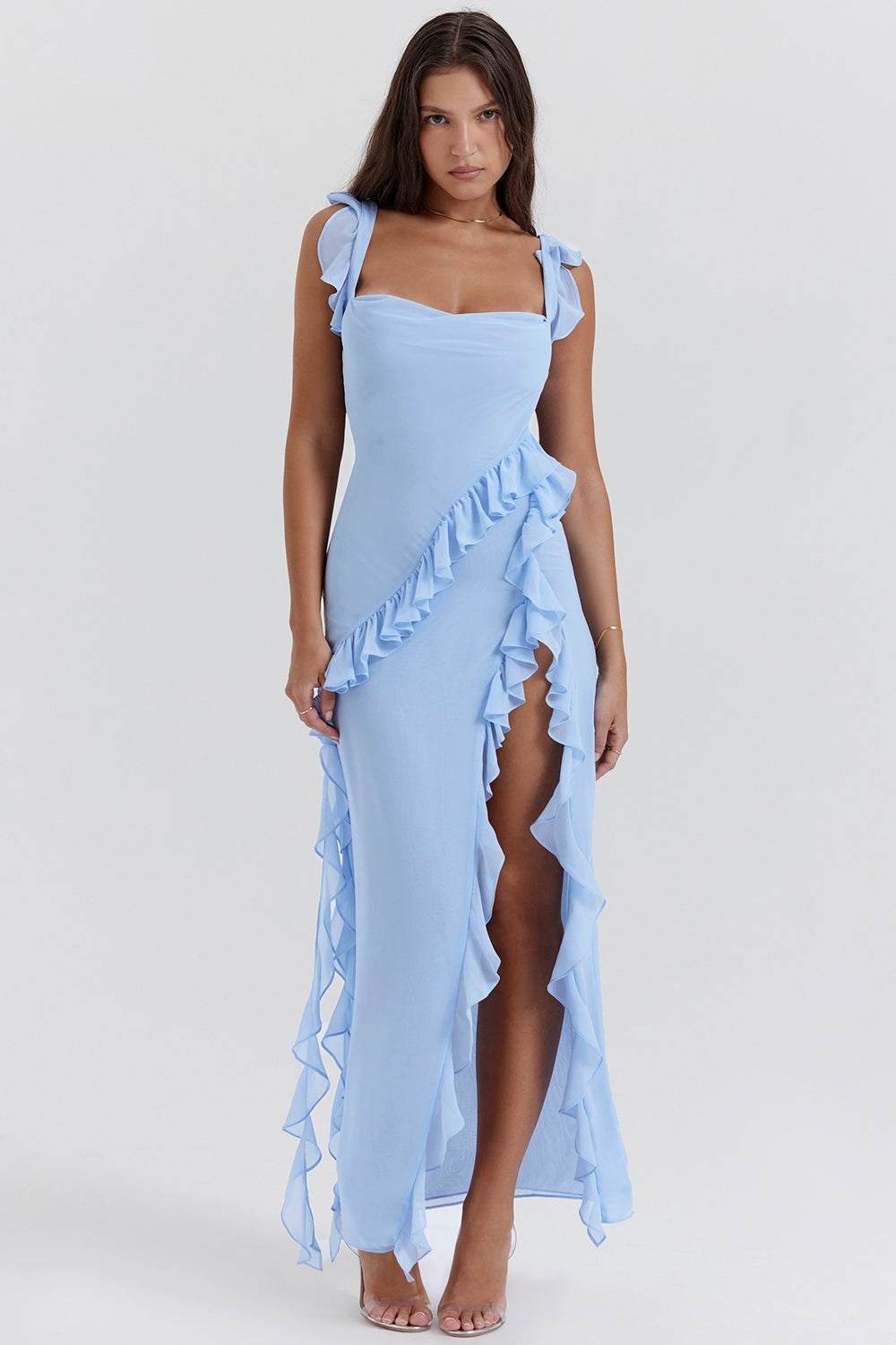 Women's Sleeveless Ruffle Maxi Dress with Side Split Detail Main image