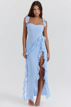 Women's Sleeveless Ruffle Maxi Dress with Side Split Detail