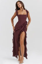 Women's Sleeveless Ruffle Maxi Dress with Side Split Detail