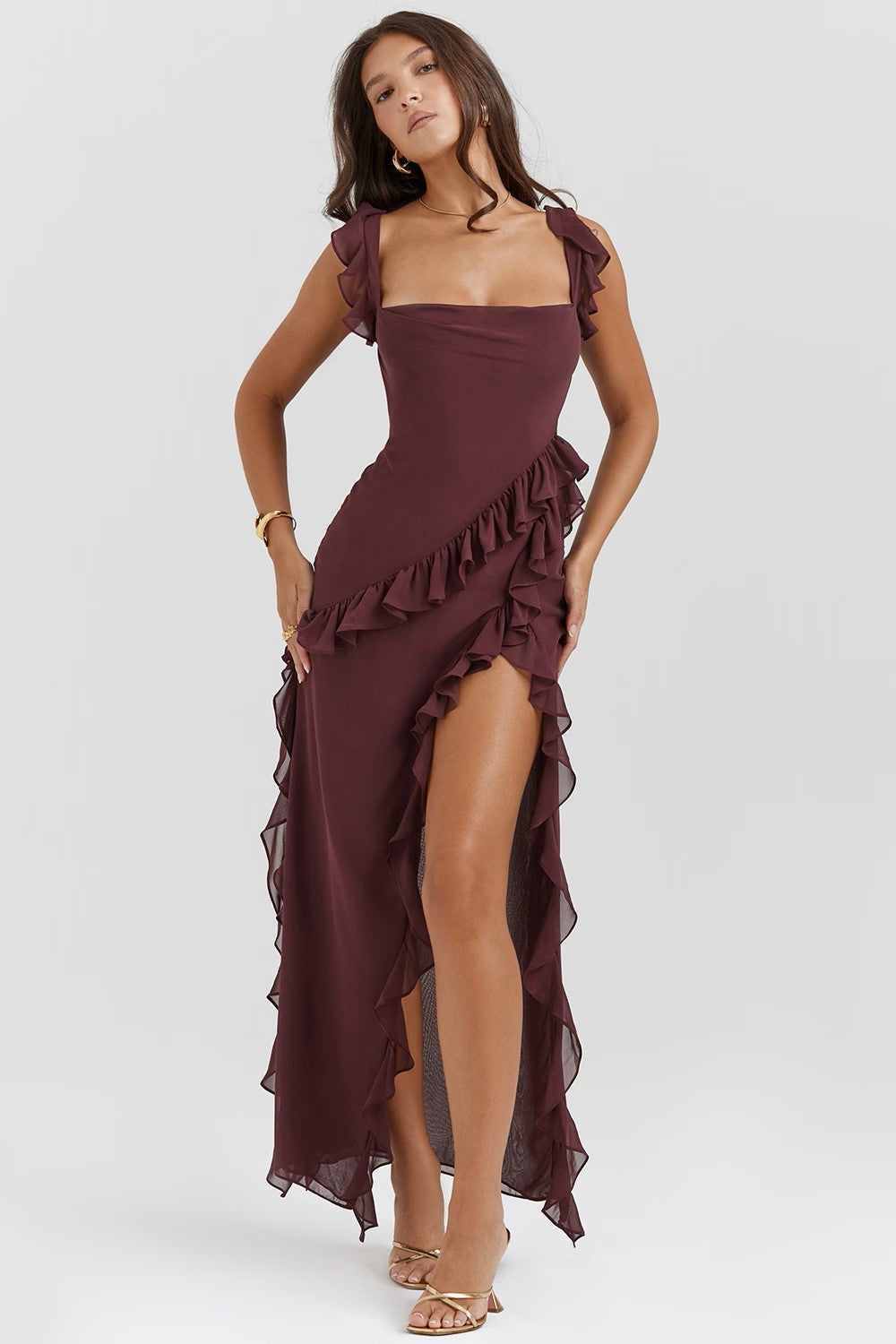 Women's Sleeveless Ruffle Maxi Dress with Side Split Detail