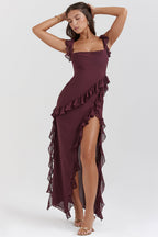 Women's Sleeveless Ruffle Maxi Dress with Side Split Detail