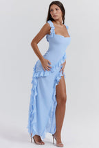 Women's Sleeveless Ruffle Maxi Dress with Side Split Detail