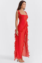 Women's Sleeveless Ruffle Maxi Dress with Side Split Detail