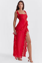 Women's Sleeveless Ruffle Maxi Dress with Side Split Detail