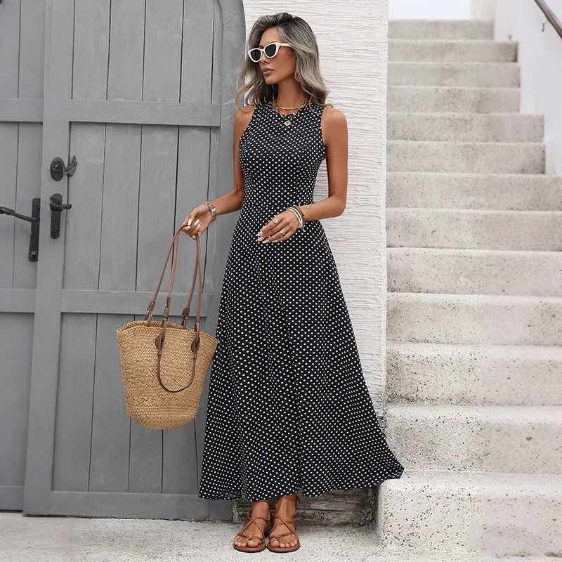 Backless Polka Dot Swing Long Dress