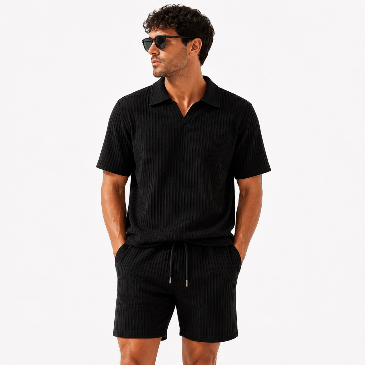 Black ribbed short sleeve polo shirt and matching shorts, front view.
