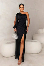 Women's One Shoulder Maxi Dress Long Sleeve High Side Slit