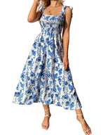 Blue Floral Smocked Midi Dress