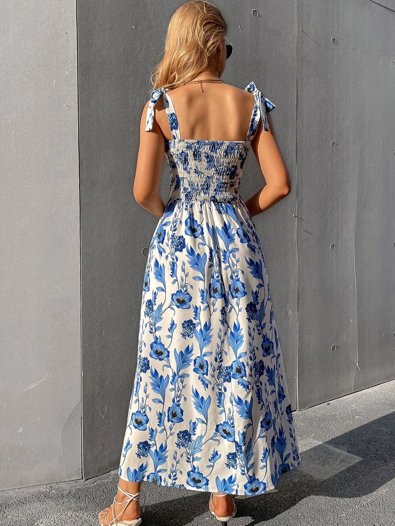 Blue Floral Smocked Midi Dress
