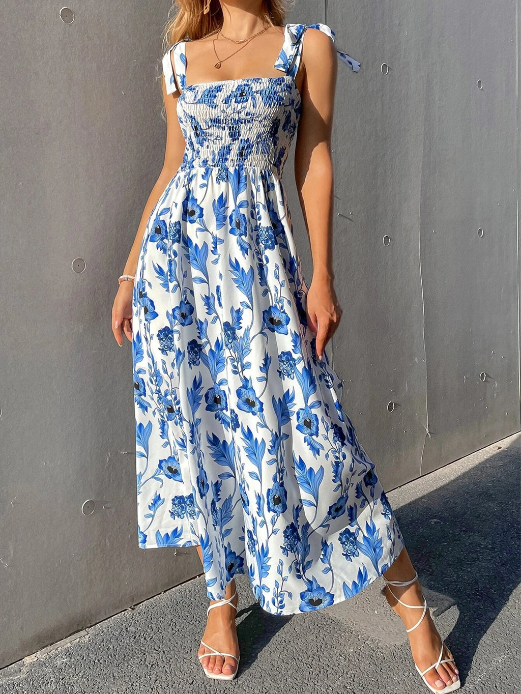 Blue Floral Smocked Midi Dress