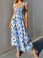 Blue Floral Smocked Midi Dress