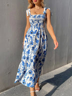 Blue Floral Smocked Midi Dress