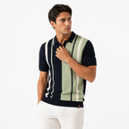Man wearing a striped polo shirt with a white background