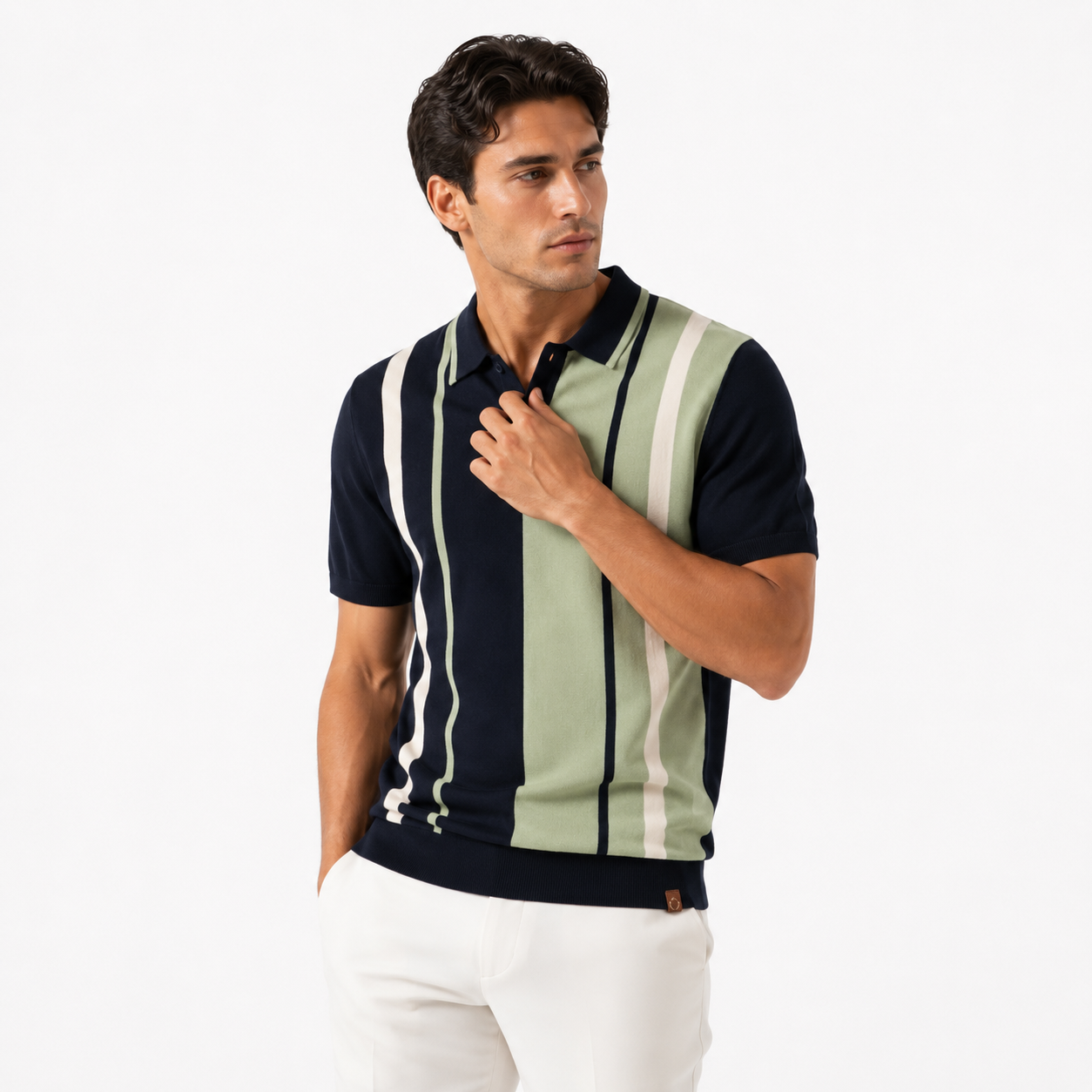 Man wearing a striped polo shirt with a white background