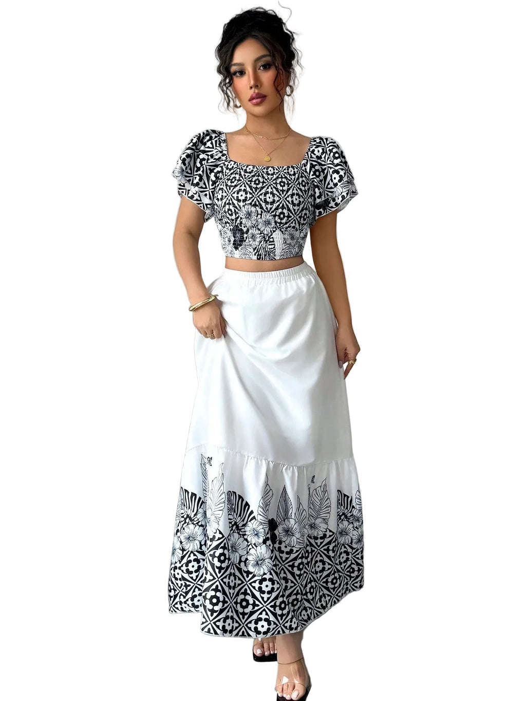 Boho Print Crop Top Maxi Skirt Set